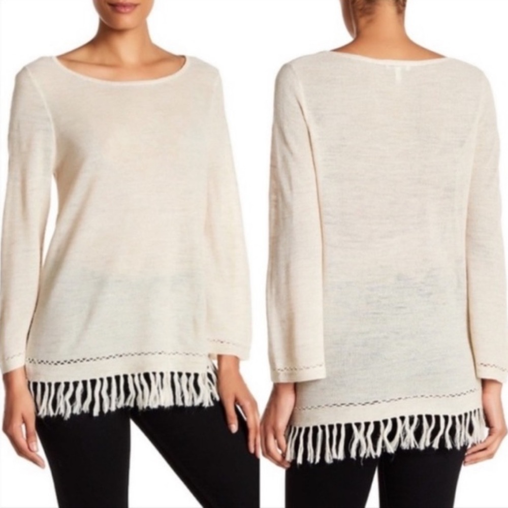 Joie beige cream tassel fringe linen wool blend sweater M